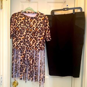 Leopard shirt w/ fringe up to XL & black skirt w/stretch, size 2X. Pre-loved/SET